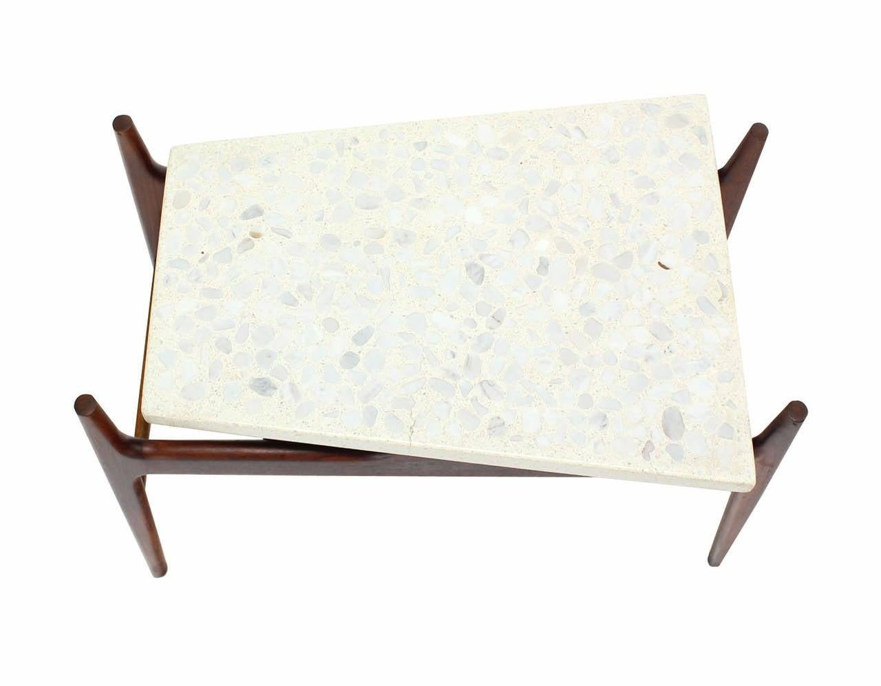 EstablishedLines Unusual Trapezoid Travertine Terrazzo Top Oiled Walnut Base End Side Table MINT