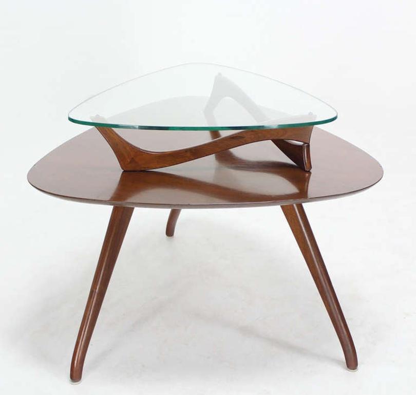 EstablishedLines Pair of Organic Shape Rounded Triangle End Tables with floating  Glass Tops MINT