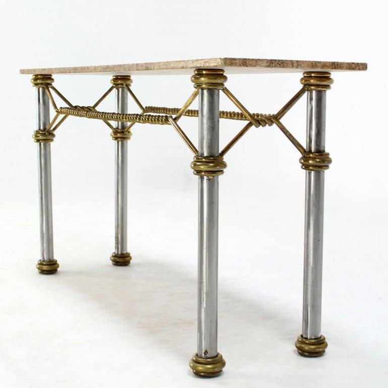 EstablishedLines Mid Century Modern Solid Brass "Rope" Chrome Base Marble Top Console Sofa Table