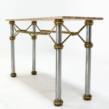 EstablishedLines Mid Century Modern Solid Brass "Rope" Chrome Base Marble Top Console Sofa Table