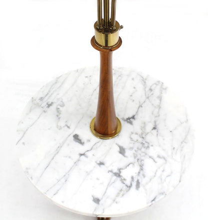 EstablishedLines Mid Century Modern Walnut Brass Floor Lamp Round Marble Top Side Table Torchere
