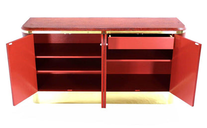 Grass Cloth Brass Credenza 4 Doors Cabinet Sideboard Red Brick Color MINT!