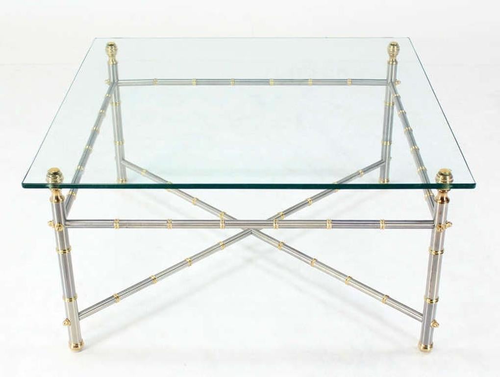 EstablishedLines Very Fine Metal Faux Bamboo Chrome Brass Base Glass Top Square Coffee Table