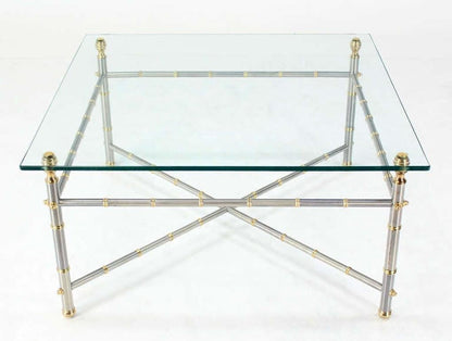 EstablishedLines Very Fine Metal Faux Bamboo Chrome Brass Base Glass Top Square Coffee Table