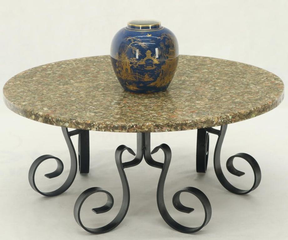 Wrought Iron Base Abalone Composite Round Top Coffee Table