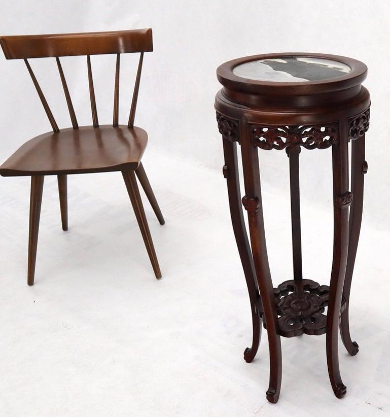 Chinese Carved Dark Rosewood Marble Top Round Stand