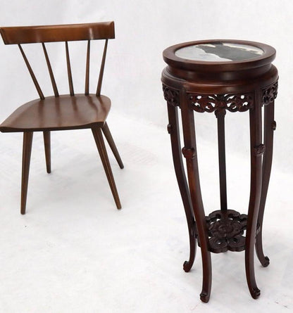 Chinese Carved Dark Rosewood Marble Top Round Stand