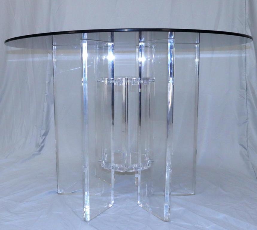 Heavy Massive Lucite Base Round Bronze Smoked Glass Top Dining Conference Table