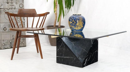 Black Cube Shape Marble Base Brass Stretchers Square Glass Top Coffee Table