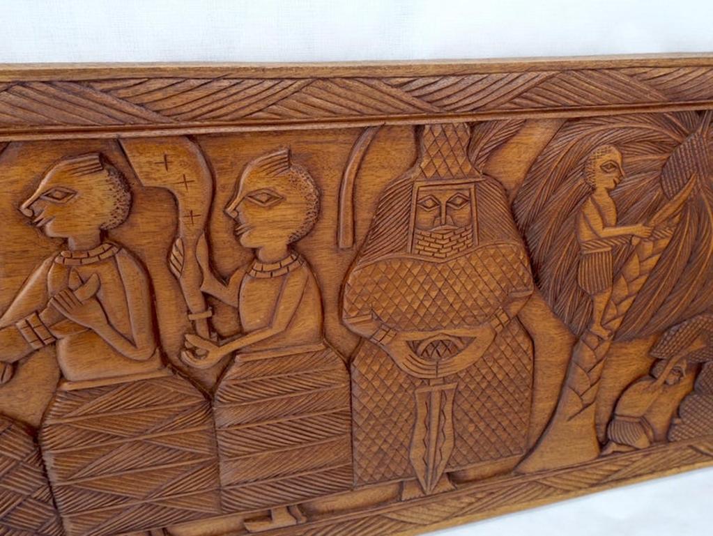 Carved Solid Teak Long Rectangle Wall Plaque Relief Sculpture Depicting Villager