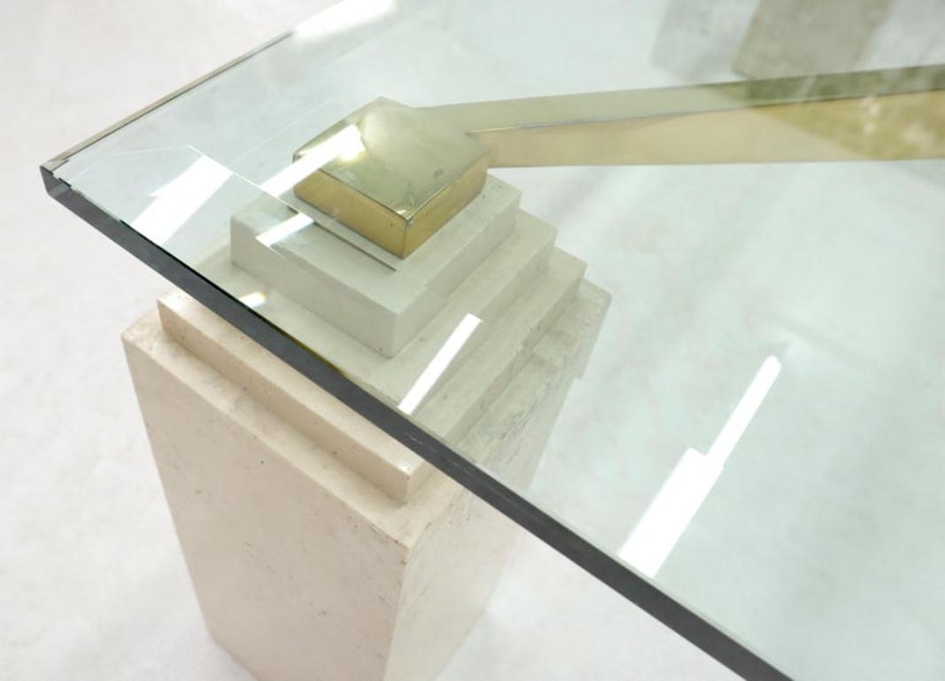 Square Travertine Legs Brass X Shape Base Glass Top Coffee Table