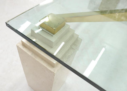 Square Travertine Legs Brass X Shape Base Glass Top Coffee Table
