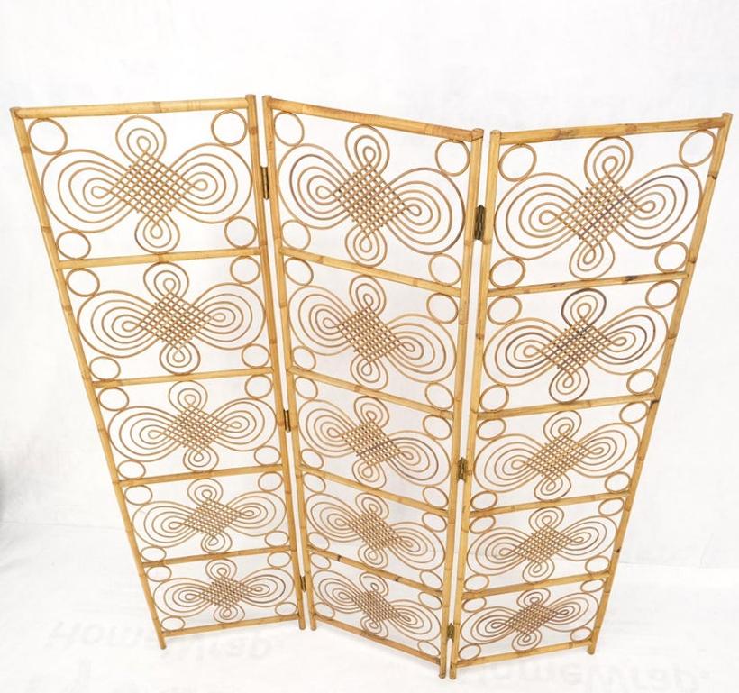 Mid Century Stunning Pattern Three Panel Bamboo Rattan Room Divider Screen Mint