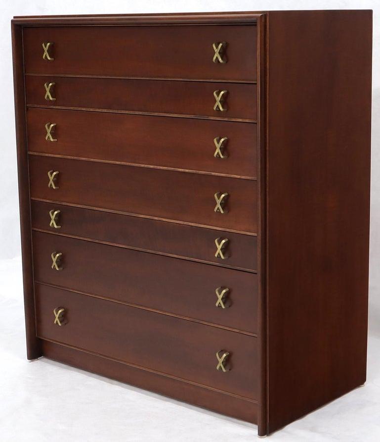 Paul Frankl Brass X-Pulls Brown Cherry High Chest with Drop Front Secretary