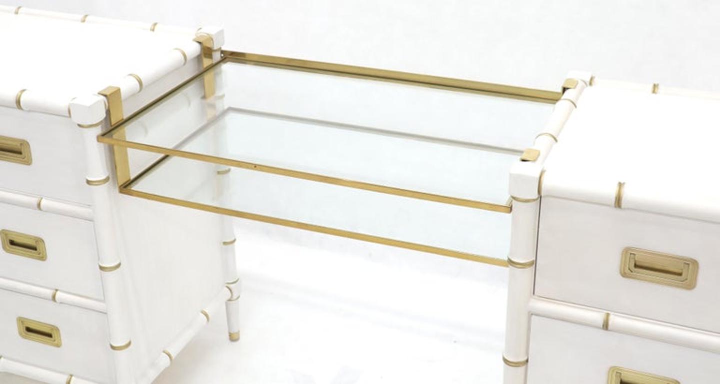 Pair of White Lacquer Brass Hardware Bachelor Chest with Suspended Brass Vanity