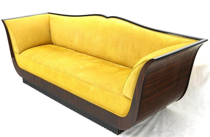 Large French Art Deco Rosewood Sofa in Gold Upholstery Scalloped Edge