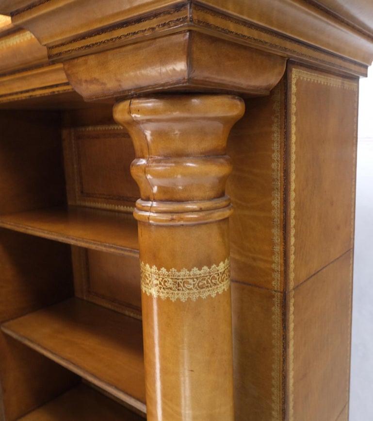 All Wrapped in Tooled Leather Massive Decorative Columns 2 Part Bookcase Hutch