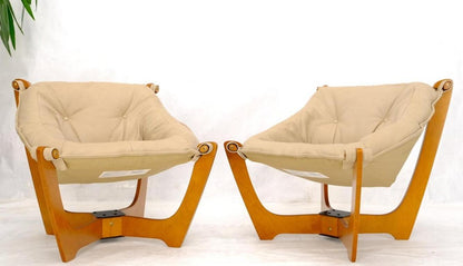 Pair of Mid Century Danish Modern Teak Frames Leather Sling Seat Lounge Chairs