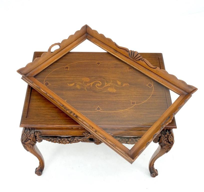 Removable Tray Top Pierce Carved Inlayed Walnut Side End Table Stand Mint!