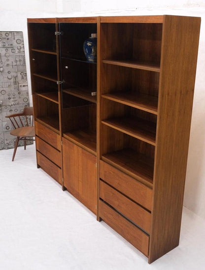 3 Bay Mid-Mentury Modern Walnut Glass Doors Bookcase Wall Unit Curio Cabinet
