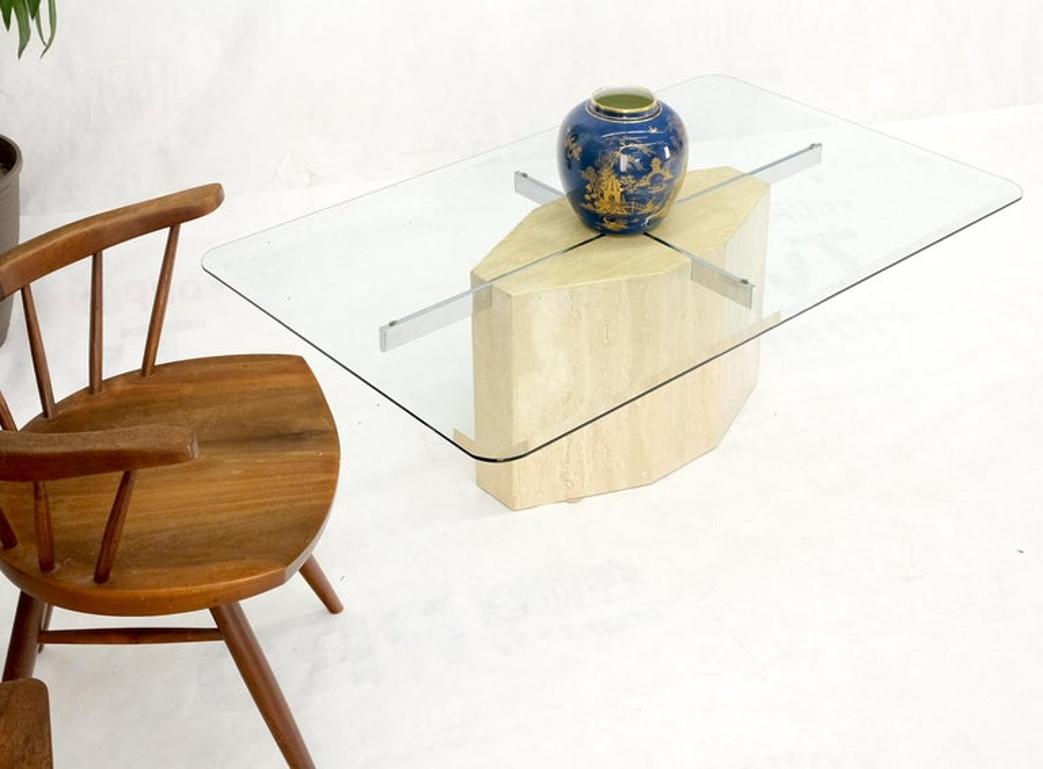 Traverting & Chrome Diamond Shape Pedestal Base Glass Top Rectangle Coffee Table