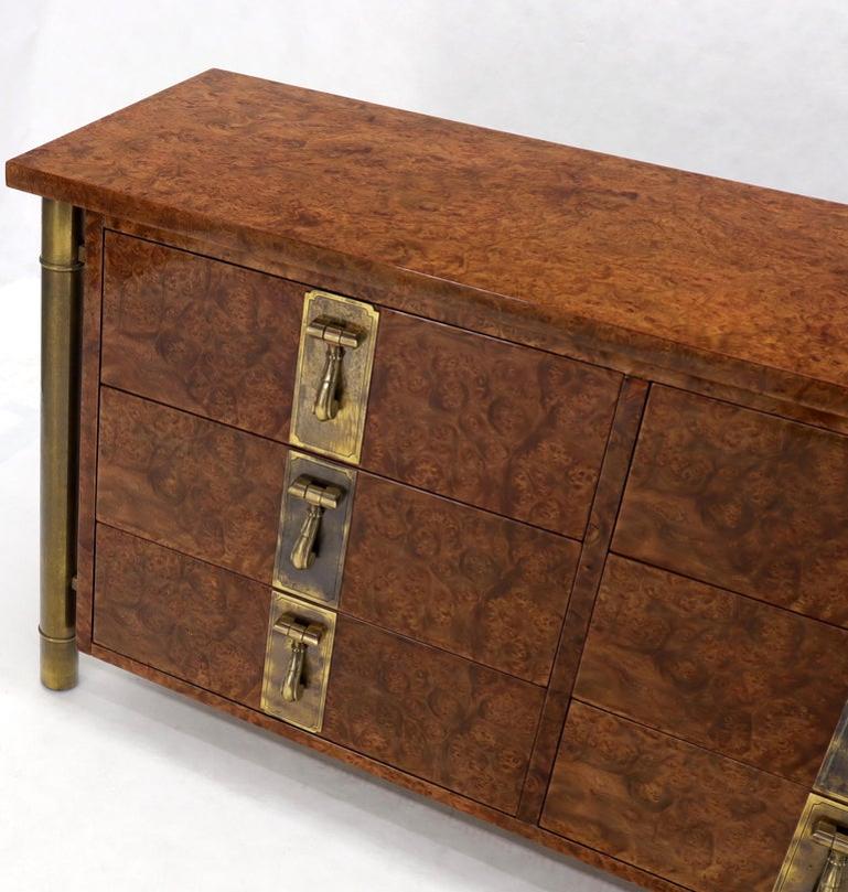 Mastercraft Burl Wood and Brass Hardware Long 9 Drawers Credenza Dresser