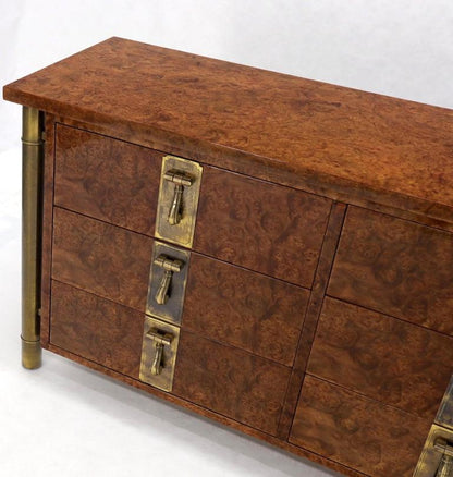 Mastercraft Burl Wood and Brass Hardware Long 9 Drawers Credenza Dresser