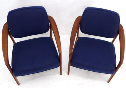 Pair of New Blue Upholstery Teak Danish Mid-Century Modern Arm Lounge Chairs
