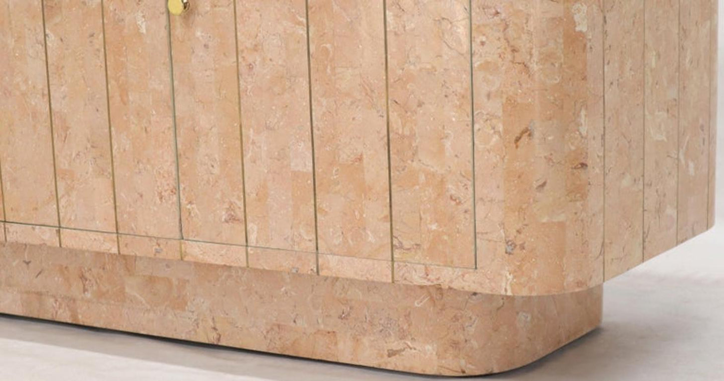 Rounded Corners Tessellated Stone Brass Inlay 4 Doors Credenza Cabinet