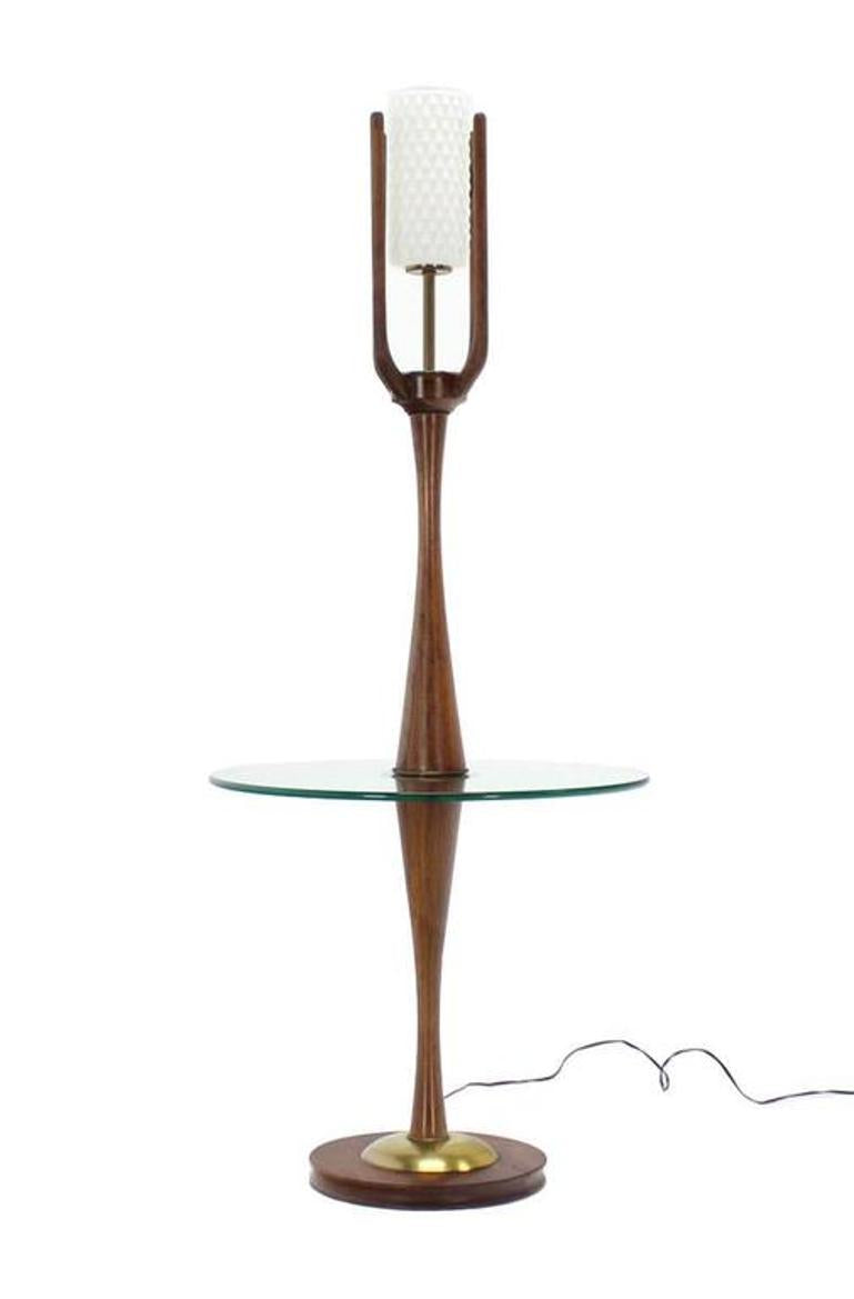 Sculptural Mid-Century Modern Floor Lamp with Built In Round Glass Side Table