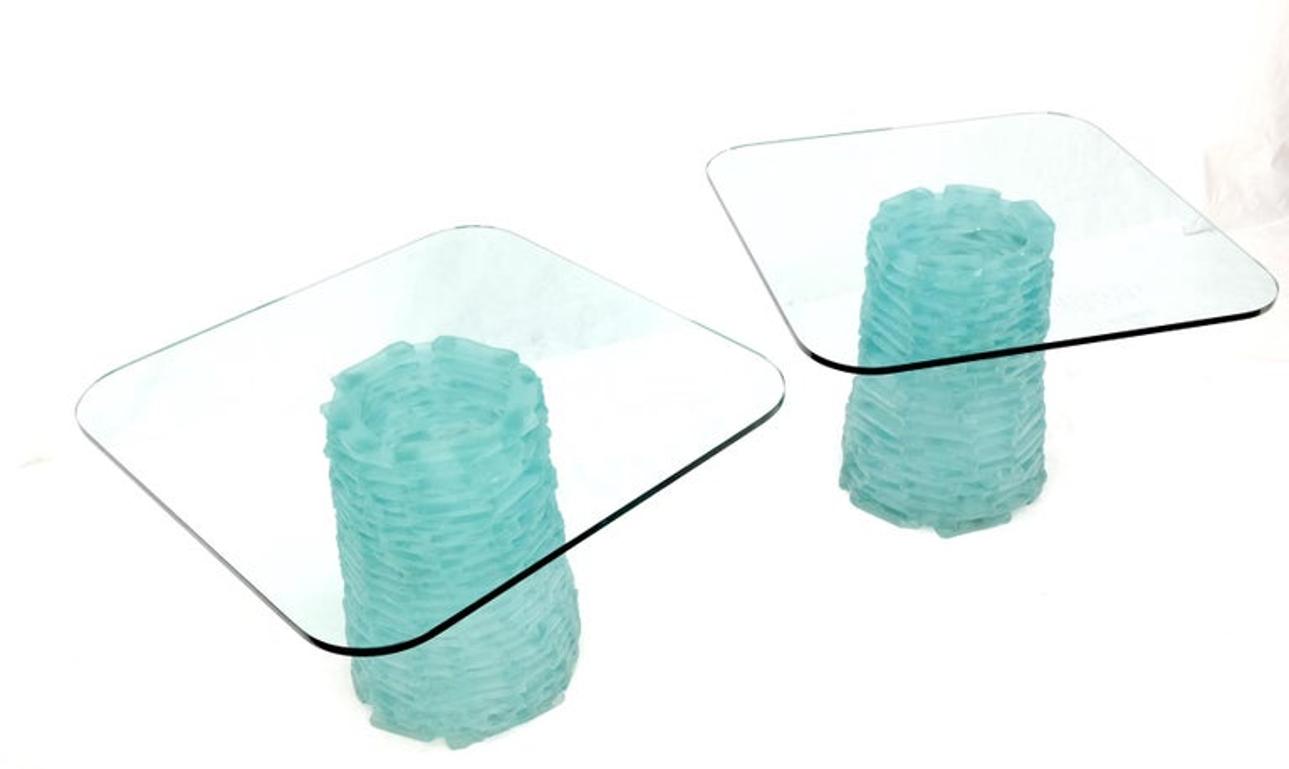 Pair of Fused Glass Blocks Pedestal Bases Rounded Square Tops Dining Game Table