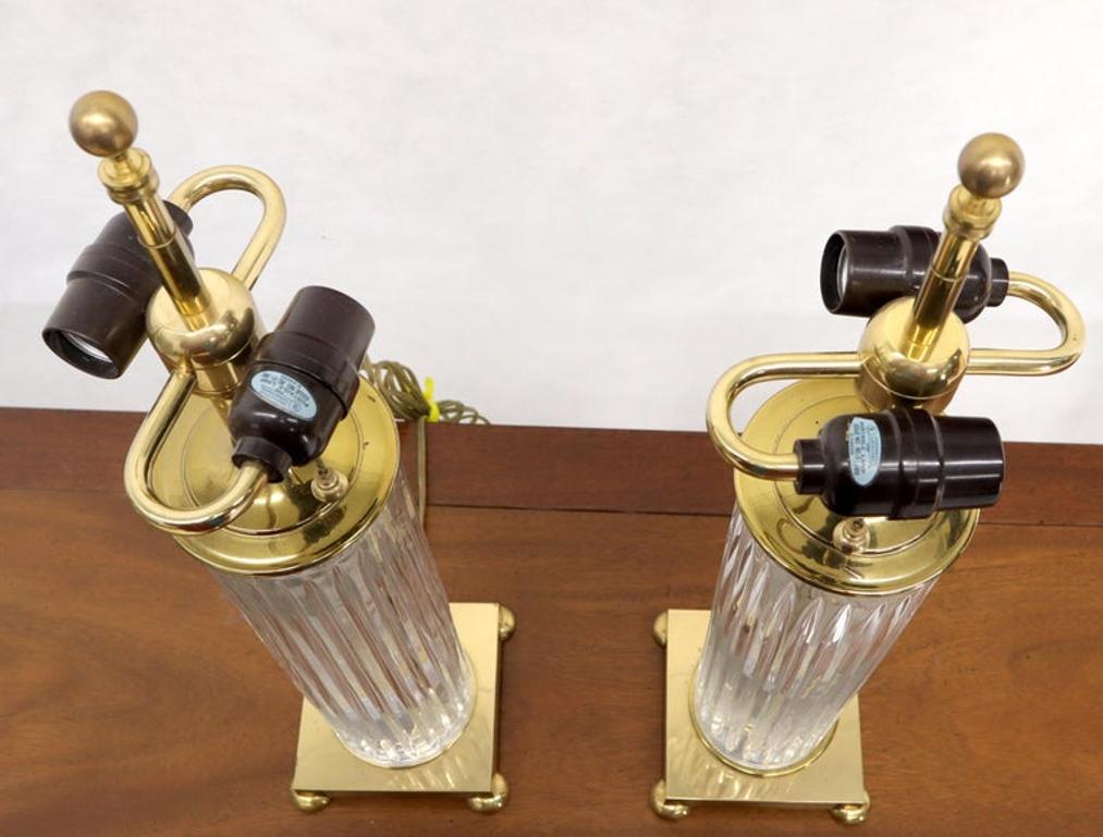 Pair of Fine Cut Glass Crystal Cylinder Shape Table Lamps on Brass Bases