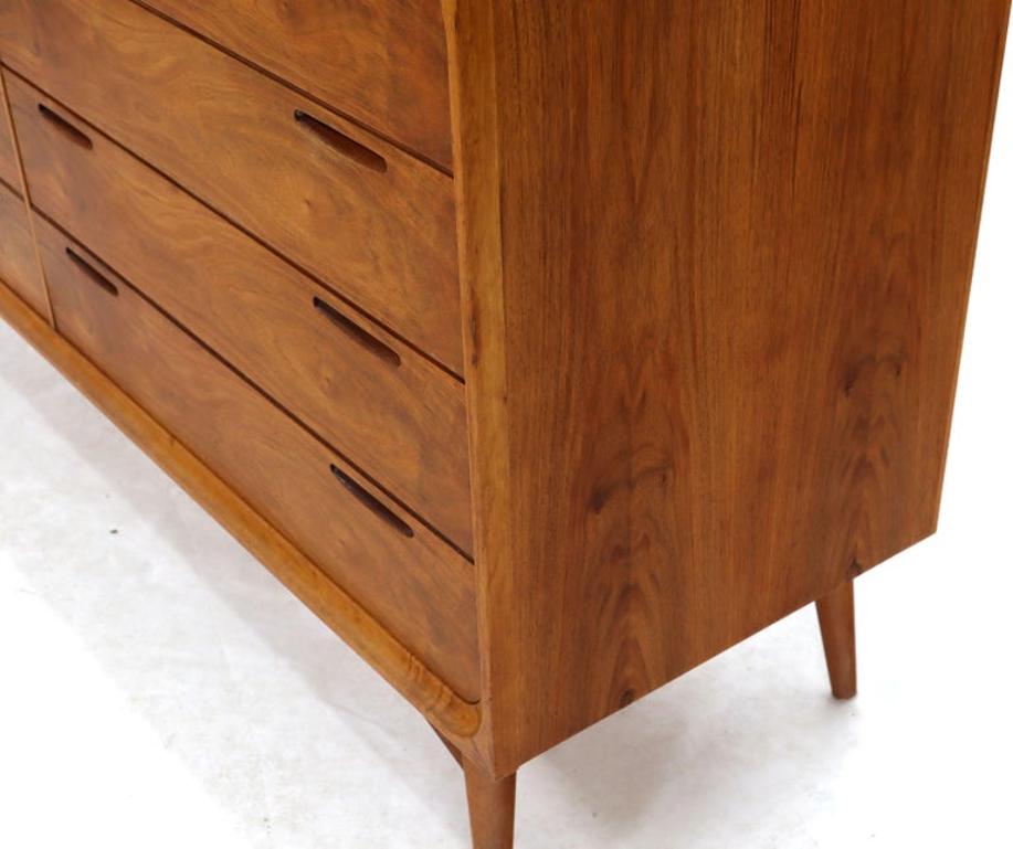 Eight Drawers Scandinavian Walnut Double Dresser on Tall Dowel Legs