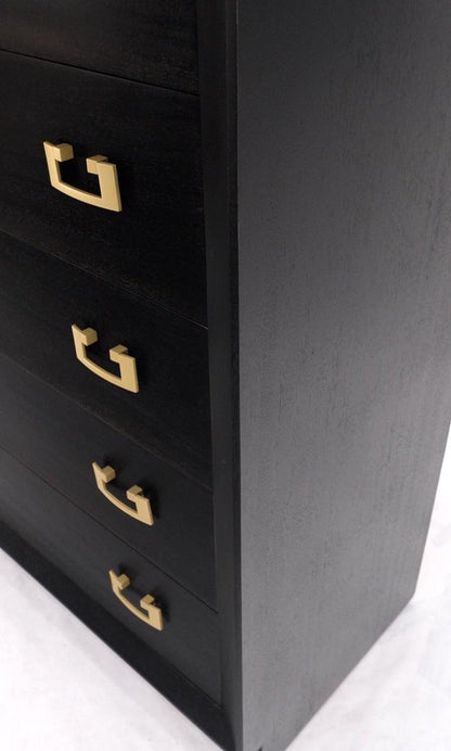 Ebonized Black Lacquer Mahogany Tall 5 Drawers Dresser Gold Bracket Pulls MNT