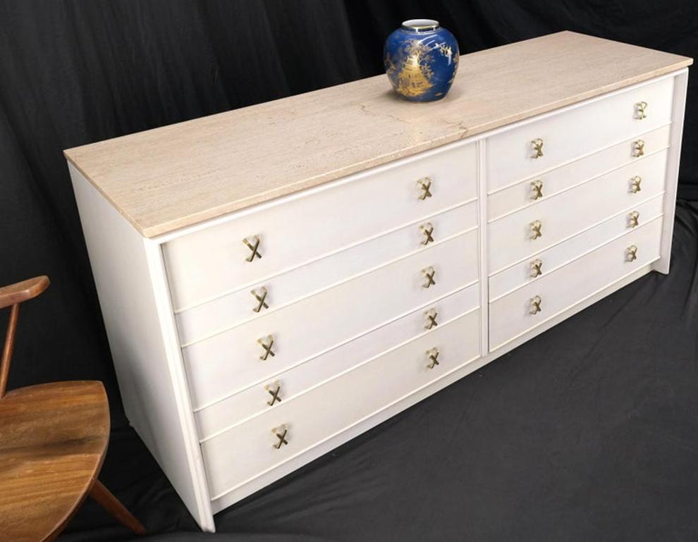 Paul Frankl for Johnson White Wash Marble Top 10 Drawers Dresser Brass x Pulls