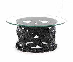 Black Lacquer Spaghetti Style Mid-Century Modern Round Glass Top Coffee Table