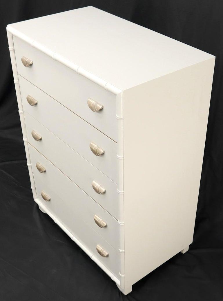 Faux bamboo off white lacquer scallop shape art deco pulls high chest dresser.