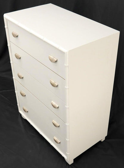 Faux bamboo off white lacquer scallop shape art deco pulls high chest dresser.