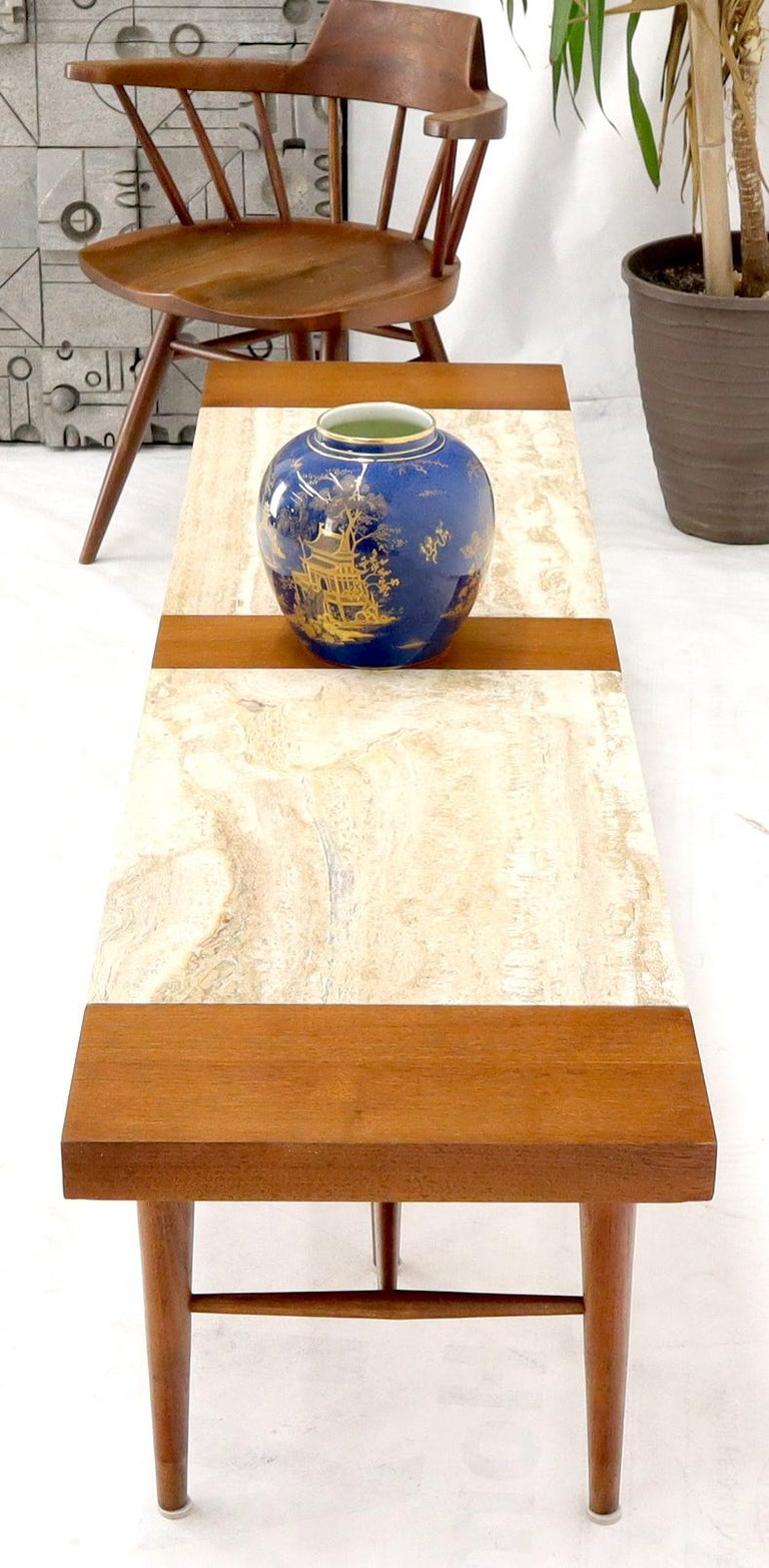 Long Rectangular Walnut Coffee Table w/ Two Travertine Inserts