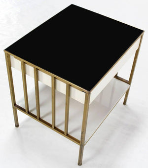 Solid Brass Mid Century Modern End Side Table One Drawer Stand Smoked Glass Top