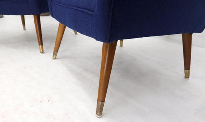 Pair of Navy Blue Mid-Century Modern Lounge Arm Chairs on Tapered Dowel Legs