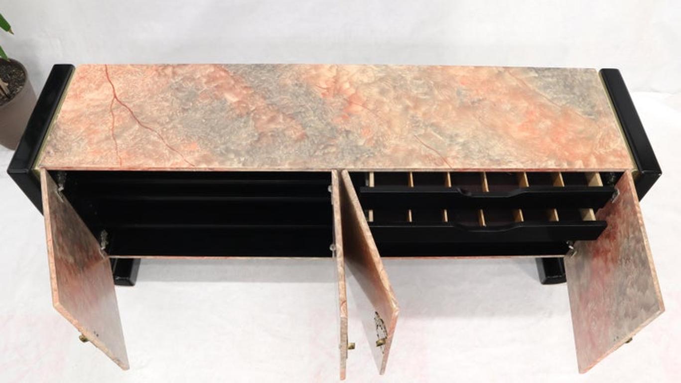 Four Doors Black Lacquer Faux Finish Brass Hardware Pull Credenza Dresser Server