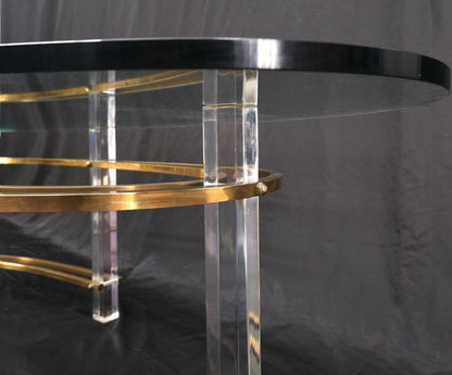 Mid-Century Oval Thick Glass Top Lucite Brass Base Coffee Table