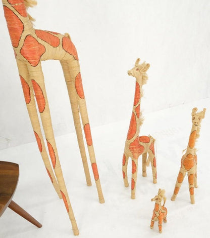 Group of 4 Giraffe Folk Art Rattan Bamboo Straw Hand Painted Animal Sculptures