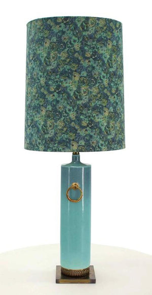 Blue Turquoise Glassed Pottery Brass Base Mid-Century Table Lamp