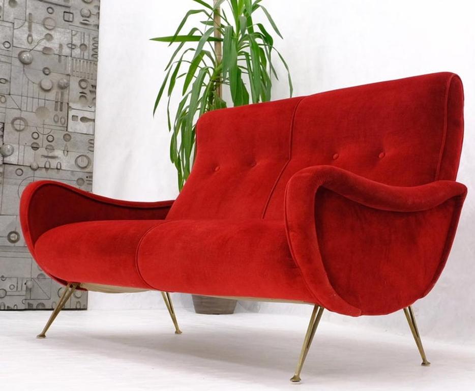 Red Upholstery Brass Legs Mid century Italian Modern Sofa Loveseat