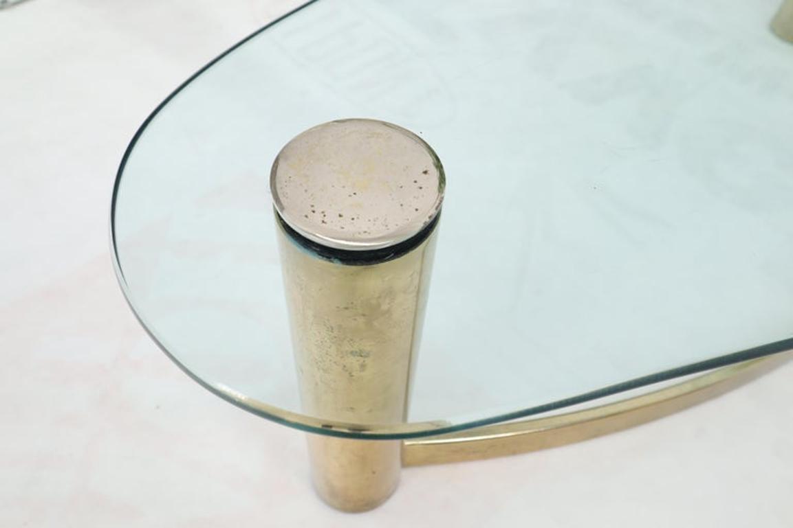 Two-Tier "L" Shape Glass and Brass Organic Kidney Shape Coffee Table