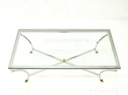 Mid Century Brass Hoof Feet Chrome Base Glass Top Rectangle Coffee Table MINT!