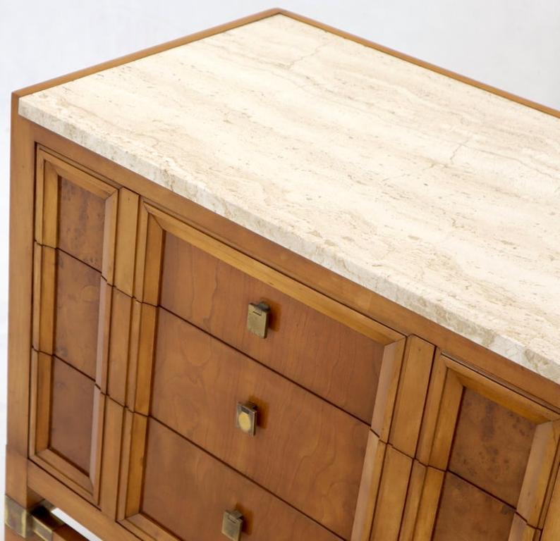 Travertine Top Three Drawers Bachelors Chest with Brass Pulls and Accents