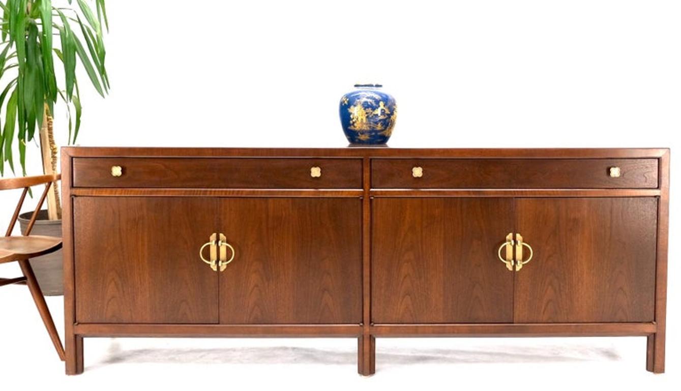 Long Walnut Mid-Century Modern Dresser Credenza w/ Brass Buckle Shape Pulls